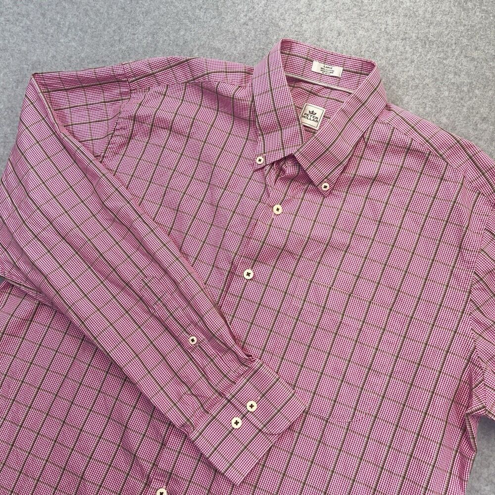 Peter Millar Button Down Mens Large L Long Sleeve Pink Plaid Window 100% Cotton
